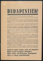 cca 1944-45 Budapestiek, II. világháborús, szovjetellenes propaganda röplap, közte említve Dunaharaszti és Pestszentimre helységeket is, egészen apró lapszéli szakadással