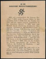 cca 1944 Magyarország bábkormányához!, kétoldalas II. világháborús magyar-német nyelvű propaganda röplap, egyik oldalán horogkereszttel, javított szakadással