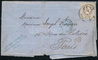 1869 25kr szürkésibolya bélyeg hiányos levélen PEST TERÉZVÁROS - Párizsba kék strasburgi átmenő bélyegzéssel. (Levélár: 300.000)
