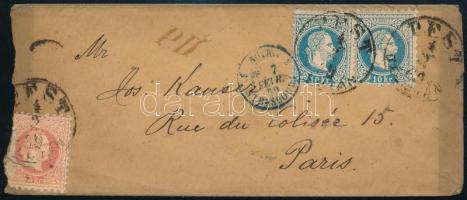 1869 2 x 10kr + bontásnál sérült 5kr levélen PEST DÉLUTÁN - Párizsba kék strasburgi átmenő bélyegzéssel.