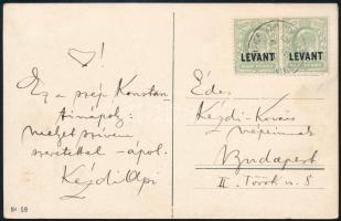 cca 1910 Kézdi-Kovács László festőművész, műkritikus autográf humoros, verses sorai, családjának Konstantinápolyból (Isztambulból) küldött, Hagia Szophia mecsetet ábrázoló képeslapon, autográf aláírásával.