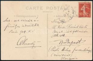1908 Kézdi-Kovács László (1864-1942) festőművésznek újságírónak, a Pesti Hírlap szerkesztőségébe, Párizsból, küldött képeslap, beazonosítandó személy autográf aláírásával és soraival.
