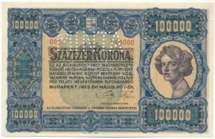 1923. 100.000K "Orell Füssli Zürich", "MINTA" perforációval, piros "000 000000" számozással T:AU több kisebb hajlás / Hungary 1923. 100.000 Korona "Orell Füssli Zürich", "MINTA" perforated, red "000 000000" serial number C:AU some smaller bends  Adamo K46M1a