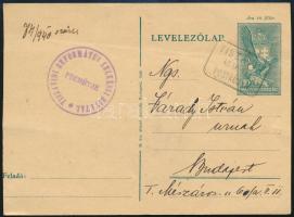 1940 10f díjjegyes levelezőlap TISZAVÍD postaügynökségi bélyegzéssel Budapestre küldve