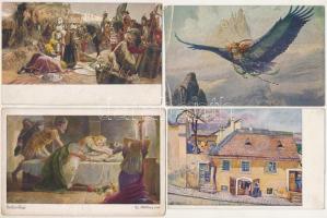 21 db RÉGI művész motívum képeslap vegyes minőségben / 21 pre-1945 art motive postcards in mixed quality