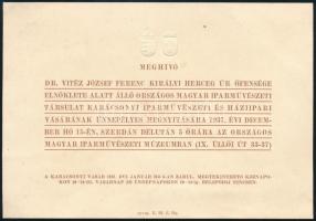 1937 Meghívó a Budapesti Iparművészeti és Háziipari Vásárra az Iparművészeti Múzeumba dombornyomású címerekkel díszítve