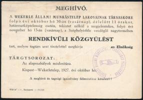 1927 Kispest-Wekerletelep, meghívó a Wekerle Állami Munkástelep közgyűlésére a Széphelyi-féle vendéglőbe