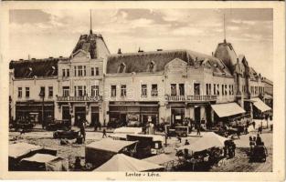 1930 Léva, Levice; Kossuth tér, Városi vigadó, Nagy szálloda, piac, Kertész Lajos és Holzmann Bódog üzlete / square, hotel, shops, market (apró szakadás / tiny tear)