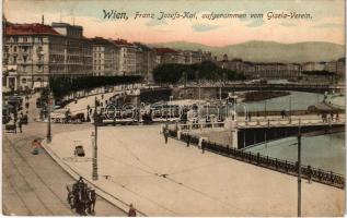 1909 Wien, Vienna, Bécs; Franz Josefs-Kai, aufgenommen vom Gisela-Verein / quay, bridge, trams (wet corner)
