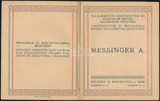 1913 Messinger A. budapesti cégének nyitható reklámkiadványa, melyben elektrotechnikai, mechanikai találmányok szerkesztését, minták elkészítését vállalja