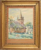 Veress Elemér (1876-1959): Kalotanádasi templom (Erdély), 1942. Akvarell, papír, jelzett, üvegezett ...