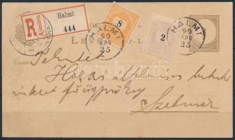 1899 Ajánlott díjjegyes levelezőlap 2+8kr díjkiegészítéssel Szatmárra, HALMI
