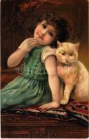 1905 Kislány macskával. Dombornyomott / Little girl with cat. P.F.B. Serie 5563. embossed litho