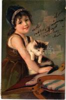 1905 Kislány macskával. Dombornyomott / Little girl with cat. P.F.B. Serie 5563. embossed litho (fl)