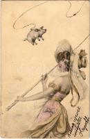 1902 Újévi üdvözlet, horgászó hölgy malaccal / New Year greeting, lady fishing with pig. M.M. (EK)