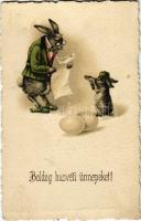Boldog húsvéti ünnepeket / Easter greeting art postcard with rabbits and eggs (EK)