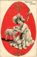 Fröhliche Ostern / Easter greeting art postcard with girl and sheep (EB)