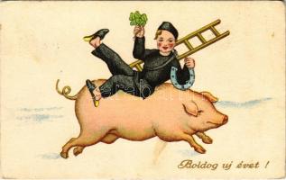 1935 Boldog Újévet / New Year greeting art postcard, chimney sweeper with pig, horseshoe and clovers (fl)