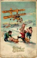 1912 Boldog Újévet / New Year greeting art postcard, airplane and pigs (EB)
