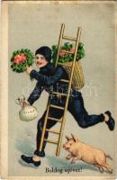 1942 Boldog Újévet / New Year greeting art postcard, chimney sweeper with pig (fl)