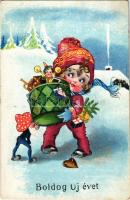 1937 Boldog Újévet / New Year greeting art postcard, girl with toys and dwarf (EK)