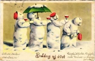 Boldog Újévet / New Year greeting art postcard with snowmen (fl)