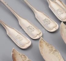 Evőeszköz készlet hat személyes süteményes, halas, fagylaltos. Vésett mintákkal, monogramos díszítés...
