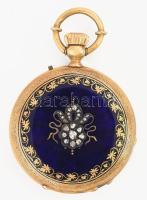 Női zsebóra, zománc és brill berakással, működő szerkezettel. XIX. sz. vége d: 36 mm