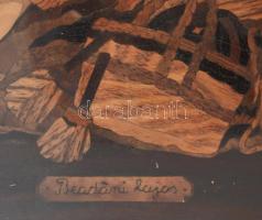 Bezdáni Lajos: Cigánylány. Fa intarzia, sérült antik keretben, 46×36 cm