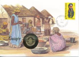 Guinea 1985. 10Fr-g felbélyegzett borítékban, bélyegzéssel, német nyelvű tájékoztatóval T:UNC  Guinea 1985. 10 Francs Guinéens in envelope with stamp, cancellation and a prospectus in german C:UNC