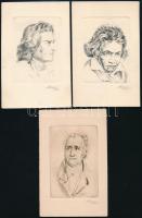 Olvashatatlan jelzéssel: Goethe, Beethoven és Schiller portréi (3 db). Rézkarc, papír, 9x6,5 cm körüli méretben.