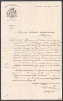 1887 Poroszkay Béla (1847-1919) Torontál vármegyei főügyész levele Kézdi-Kovács László (1864-1942) későbbi festőművész, műkritikus részére, címeres fejléces papíron, Poroszkay Béla autográf aláírásával.