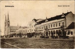 1917 Békéscsaba, Szent István tér, Gesmey Soma könyv és papírkereskedése, Békésmegyei Függetlenség könyvnyomdája, kiadóhivatala és szerkesztősége, Schreyer József üzlete, udvari fényképészet. Vasúti levelezőlapárusítás 8350. (Rb)