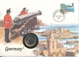 Guernsey 1987. 5p Cu-Ni felbélyegzett borítékban, bélyegzéssel, német nyelvű leírással T:AU Guernsey 1987. 5 Pence Cu-Ni in envelope with stamp, cancellation and a prospectus in german C:AUC