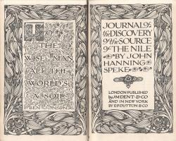 Speke, John Hanning:  Journal of the Discovery of the Source of the Nile. London, [1908]. J. M. Dent & Co. (Printed by Turnbull and Spears, Edinburgh). VIII + 477 + [1] p. John Hanning Speke (1827-1864) angol katonatiszt és felfedező beszámolója 1858-1863 közötti kelet-afrikai felfedezőútjáról, amelynek célja a Nílus forrásának megtalálása volt. A néprajzi és földrajzi felfedezésekben, a helyi konfliktusok vázolásában gazdag beszámoló egyben a szerző vitatott hamita-elméletének rögzítése; állítása szerint bizonyítékok szólnak a bibliai eredetű hamita törzsek kelet-afrikai folytonosságára. A munka először 1863-ban látott napvilágot. Századeleji kiadásunk gazdagon díszített díszcímlap-párossal nyit, oldalszámozáson belül néhány egész oldalas térképvázlat és egész oldalas illusztráció kíséri a szöveget. (Everymans Library: Travel & Topography.) Díszesen aranyozott gerincű, vaknyomásos, gerincén alul enyhén sérült kiadói egészvászon kötésben. Jó példány.