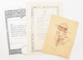 Márton Lajos (1891-1953): Lord Baden-Powell, a cserkészmozgalom alapítója. Nyomat, papír, minimálisan foltos, apró lyukkal, hátoldalán ragasztás nyomaival, 21,5x15,5 cm + A cserkésztörvények, ill. cserkész fogadalom oklevél másolata