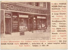 1943 Budapest I. 150 éve Hoser órák, Hoser Victor üzlete az Attila körút (út) 48. szám alatt, reklám (fa)