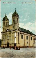 Léva, Levice; Római katolikus templom. Dobrowitzky János kiadása / Rim. kat. kostol / Catholic church (ragasztónyom / glue marks)