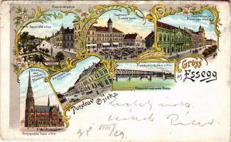 1898 (Vorläufer) Eszék, Essegg, Osijek; Kapucinska ulica, Gradska kuca, Zupanijska ulica, Glavni trg, Gornjogradska zupna crkva, Zeljeznicki most preko Drave / Kapucinus utca, Városháza, piac, Vármegye utca, zsinagóga, Fő tér, Plébániatemplom, Vasúti híd a Dráva fölött / street views, synagogue, town hall, main square, parish church, railway bridge. Art Nouveau, floral, litho (szakadás / tear)