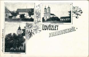 Kunhegyes, Református és katolikus templom, Fekete Mór és társa üzlete. Farkas Sándor fényképész kiadása, Art Nouveau, floral (EK)