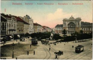 Budapest VII. Keleti pályaudvar, vasútállomás, villamosok, Baross tér és szobor, Arany Sas szálloda. Taussig A. 9242.