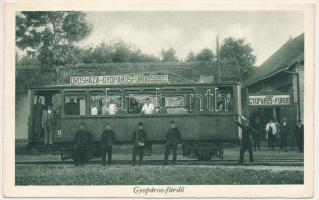 1927 Gyopárosfürdő, Orosháza-Gyopárosfürdő kisvasút megállóhely, vasútállomás, AEGV (Alföldi Első Gazdasági Vasút) benzin-villamos motorkocsija, vonat (Rb)