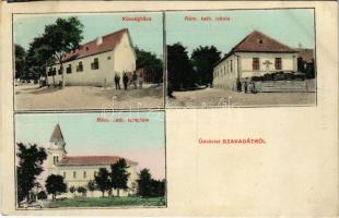 1912 Szakadát (Tolna), községháza, Római katolikus templom és iskola. Engel József kiadása