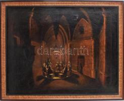 Jelzés nélkül, feltehetően XIX. sz. festő: Jelenet. Olaj, vsázon. javított, sérült. Fakeretben. 53x67 cm