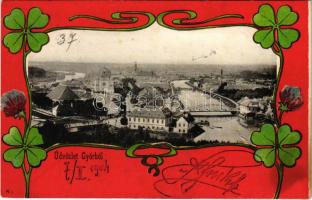 1904 Győr, látkép a zsinagógával. Szecessziós lóherés keret, Art Nouveau, floral litho (fl)