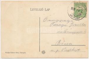 1908 Csengőd, vasútállomás, Bakos Géza vas és fűszer üzlete és saját kiadása. Art Nouveau (fa)