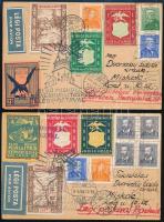 1934 2 db alkalmi légi levelezőlap az Első Miskolci bélyegkiállításra különböző bérmentesítéssel és levélzárókkal