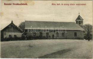 1911 Váckisújfalu, Római katolikus és evangélikus iskola templommal (fl)
