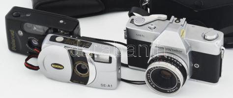 3 darab retro fényképezőgép: Nokina SE-A1 + Polaroid AF + Mamiya 528TL, mind tokban