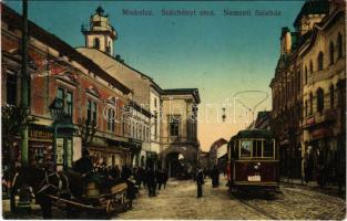 1915 Miskolc, Széchenyi utca, villamos, Nemzeti színház, Liebling üzlete. Grünwald I. kiadása (fl)